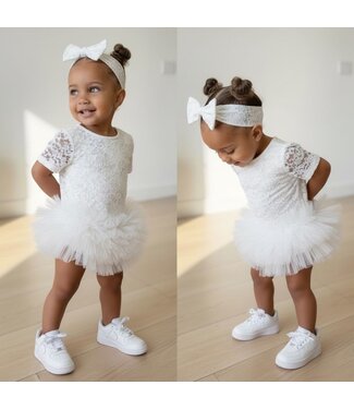 Big Roses Lace Dress - Wit (Met haarband)