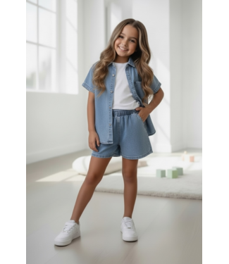 Blouse & Short Set (3-Delig)- Denim Blauw (Verzenddatum 9 april)