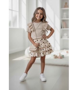 Dots Skirt & T-Shirt Set (Met Tasje) - Beige