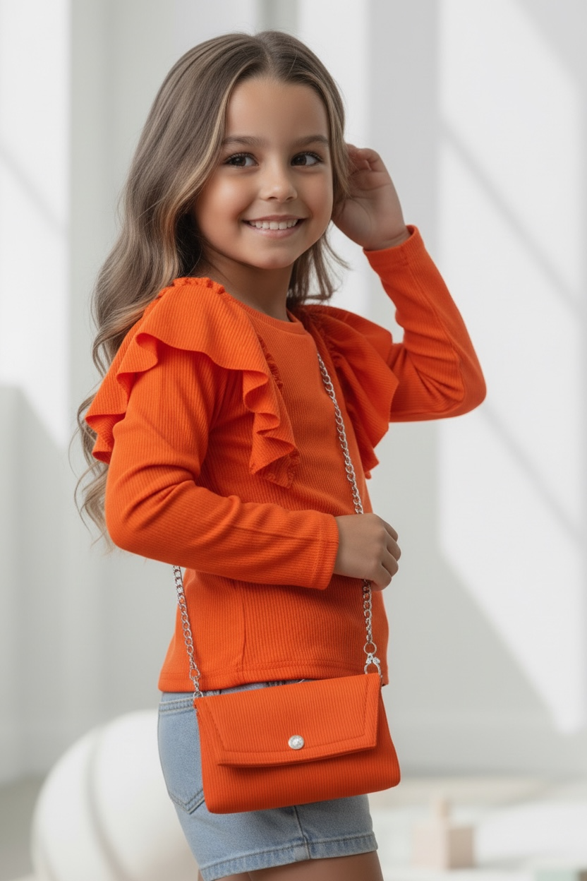 Ruffle longsleeve met tasje - Oranje