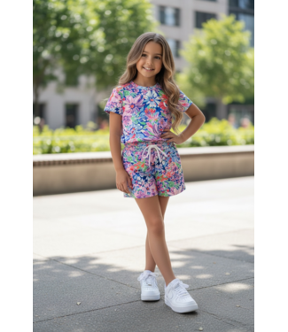 Short Set - Bloemenprint - Blauw/Paars