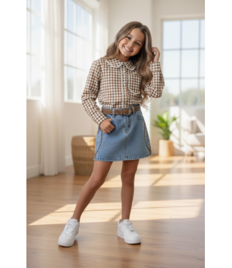 Denim Skirt & Marron Blouse Set