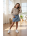 Denim Skirt & Marron Blouse Set