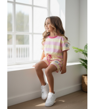 Cute Stripe Short Set - Geel/Roze