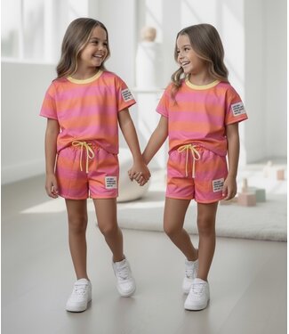 Cute Stripe Short Set - Oranje/Roze