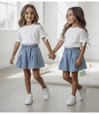 Denim Short & Bow Top - Wit (Verzenddatum 28 mei)