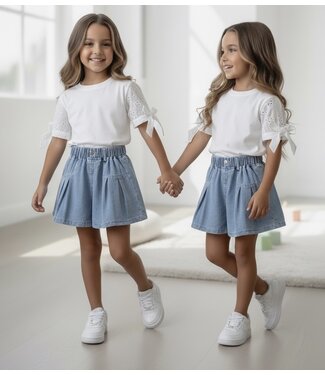 Denim Short & Bow Top - Wit