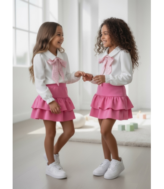 Bow Blouse & Ruffle Skirt Set - Fuschia