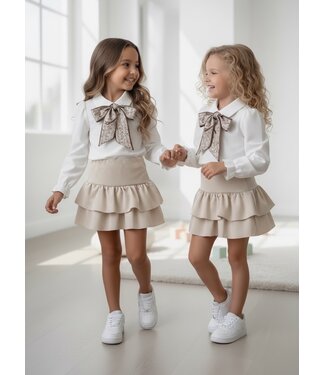 Bow Blouse & Ruffle Skirt Set - Beige