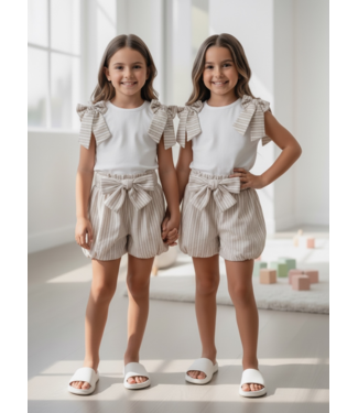 Stripes & Bow Short Set - Beige