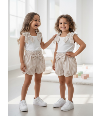Stripes & Bow Short Set - Beige