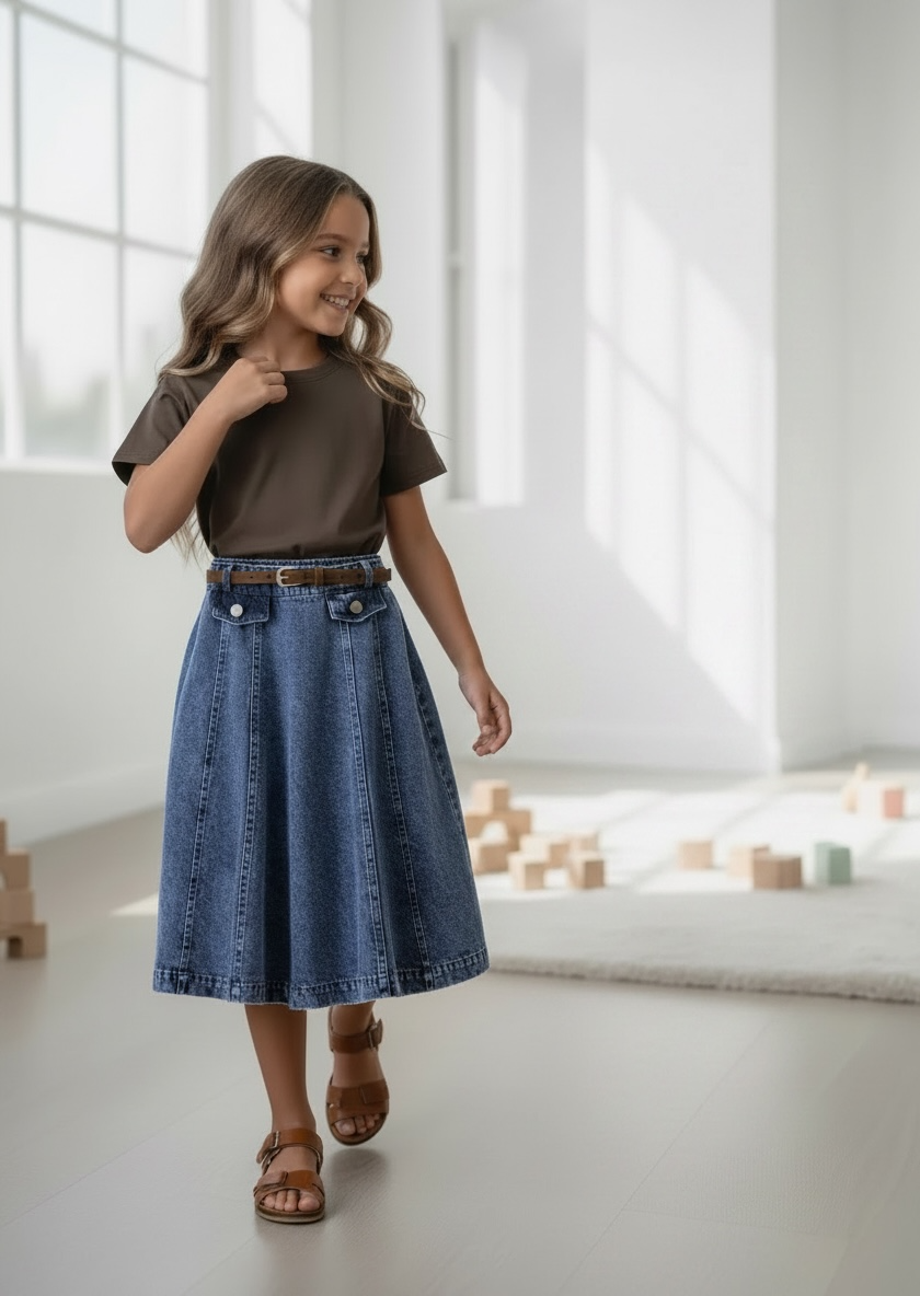 Belted long denim Skirt - Blauw