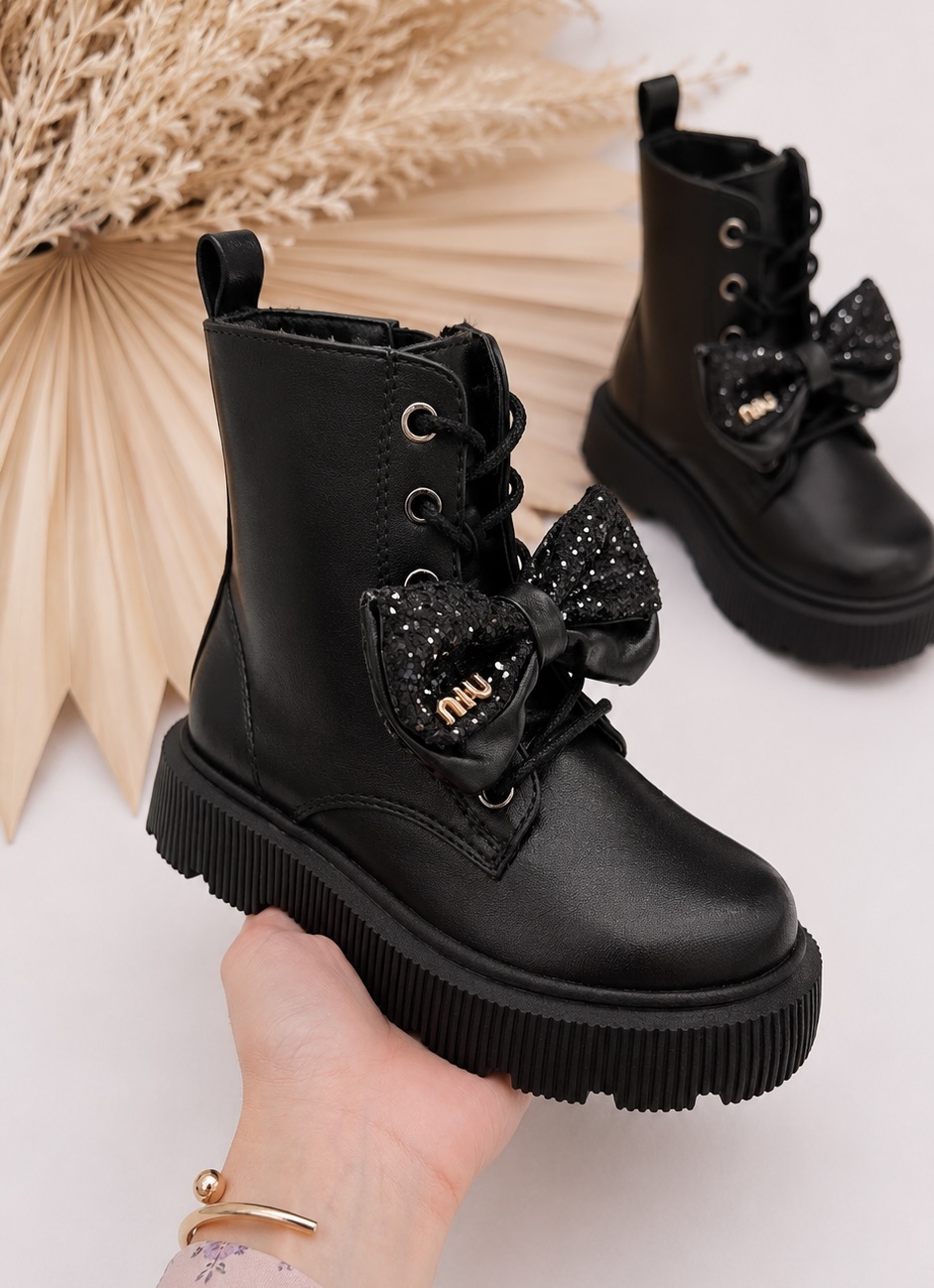 Sparkle Bow Veter Boots - Zwart ✪