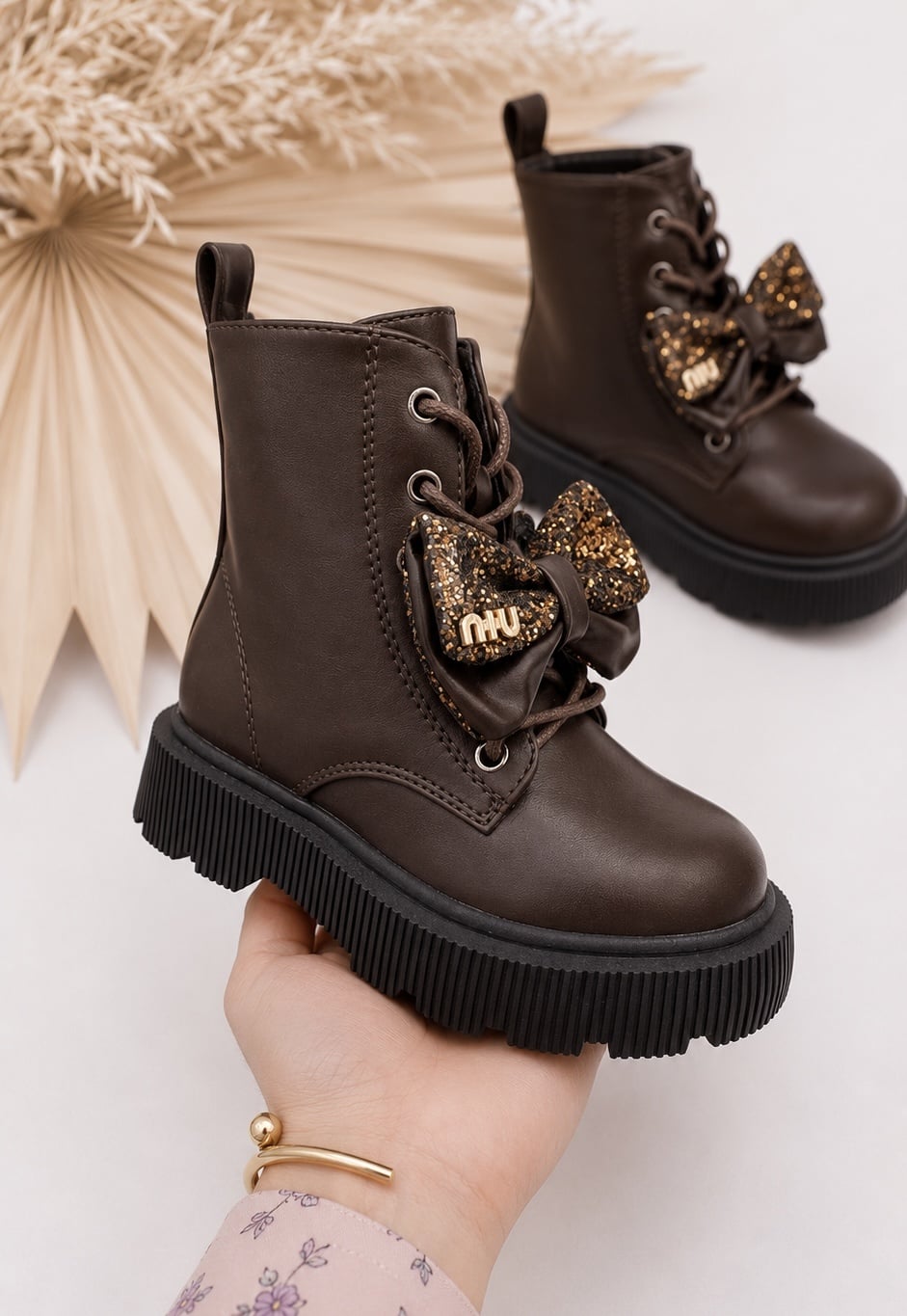 Sparkle Bow Veter Boots - Marron ✪
