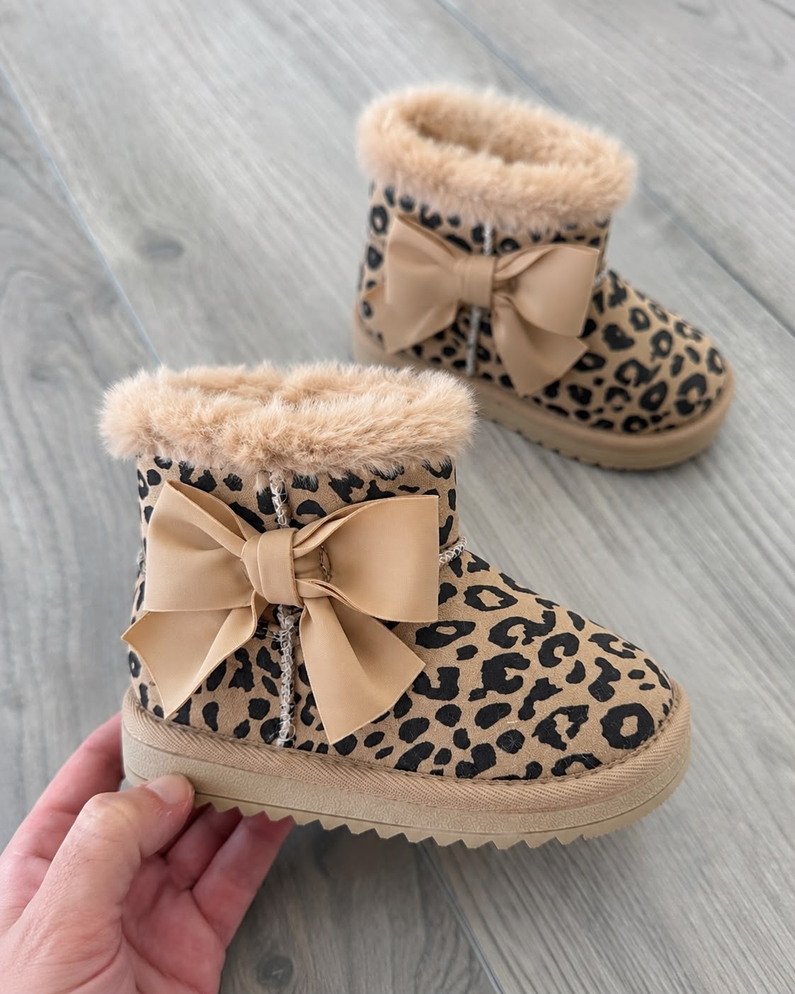 Furry Leopard Boots - Beige