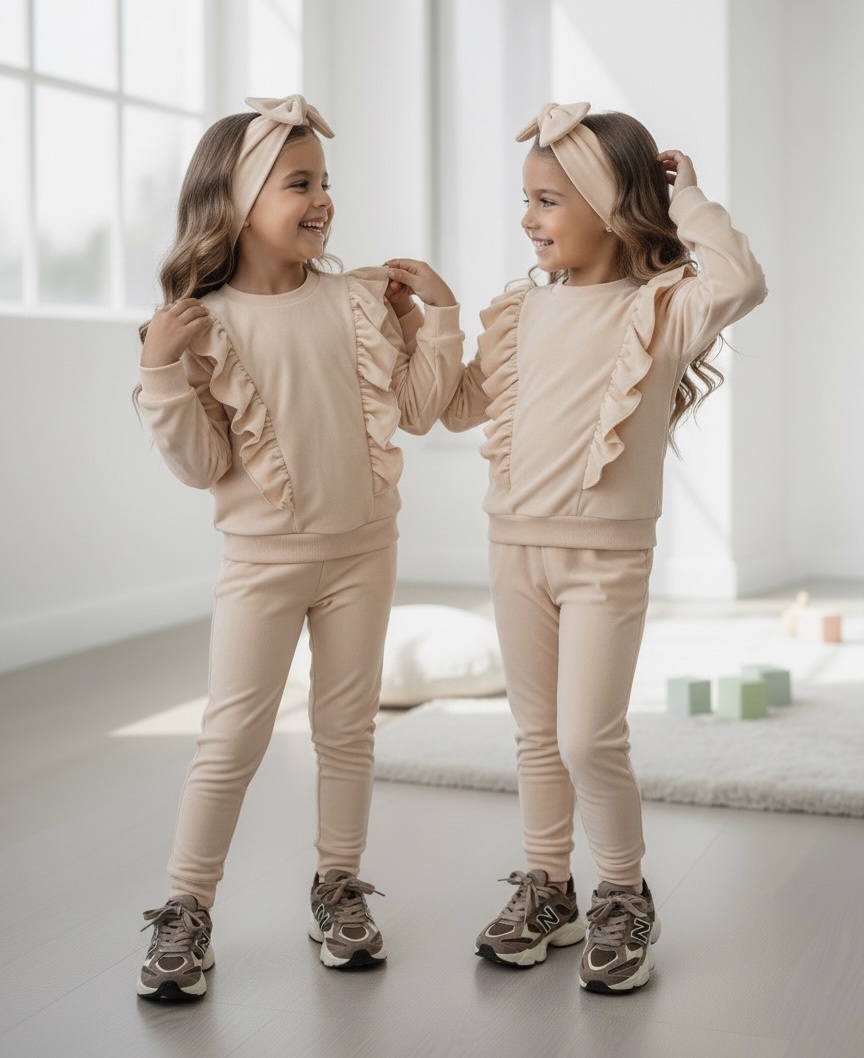 Bella Ruffle Velvet Set (Met Haarband) - Beige