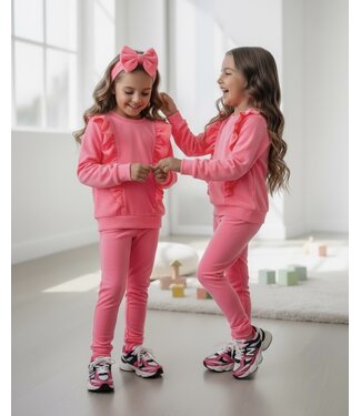 Bella Ruffle Velvet Set (Met Haarband) - Neon Roze