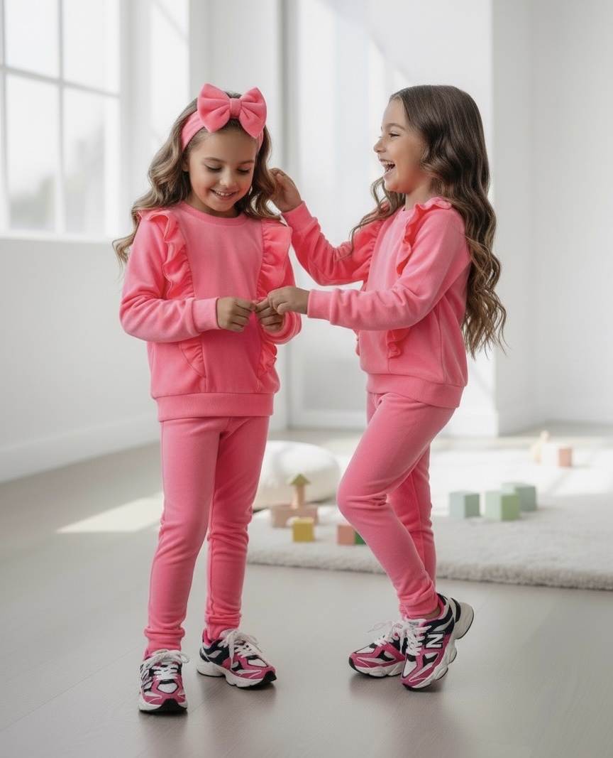 Bella Ruffle Velvet Set (Met Haarband) - Neon Roze