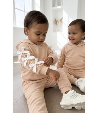 Bow Sleeve Hoodie Set - Beige