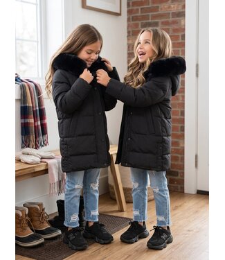 Long Fur Puffer Jacket - Zwart