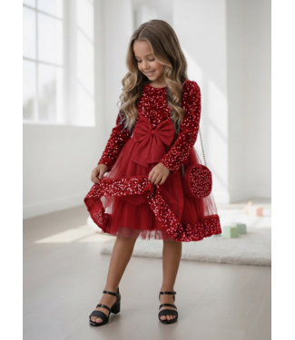 Glitter Bow Dress (Met Tasje) -Bordeaux Rood