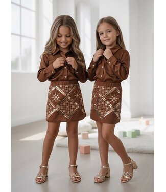 Satin Blouse & Skirt Set - Marron