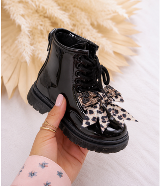 Leopard Bow Shiny Boots – Zwart