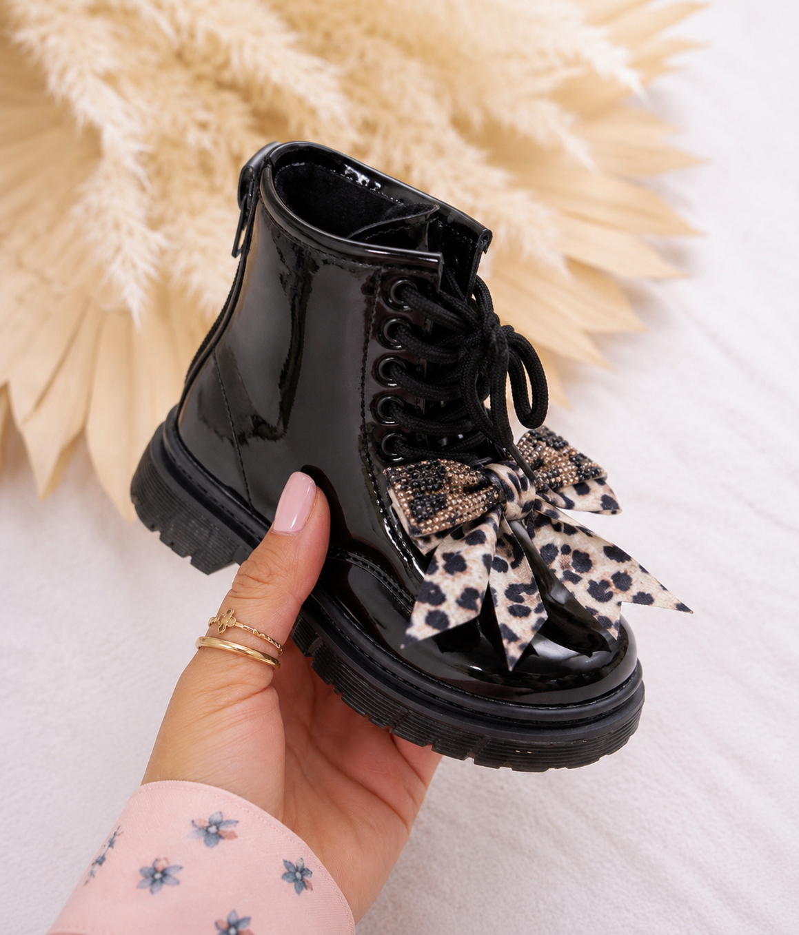 Leopard Bow Shiny Boots – Zwart