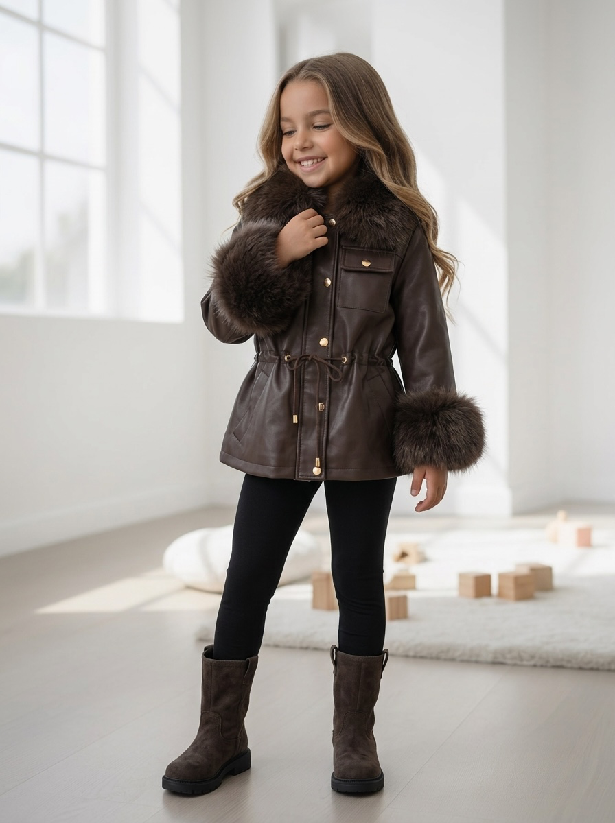 Faux Fur Leatherlook Winterjas – Marron