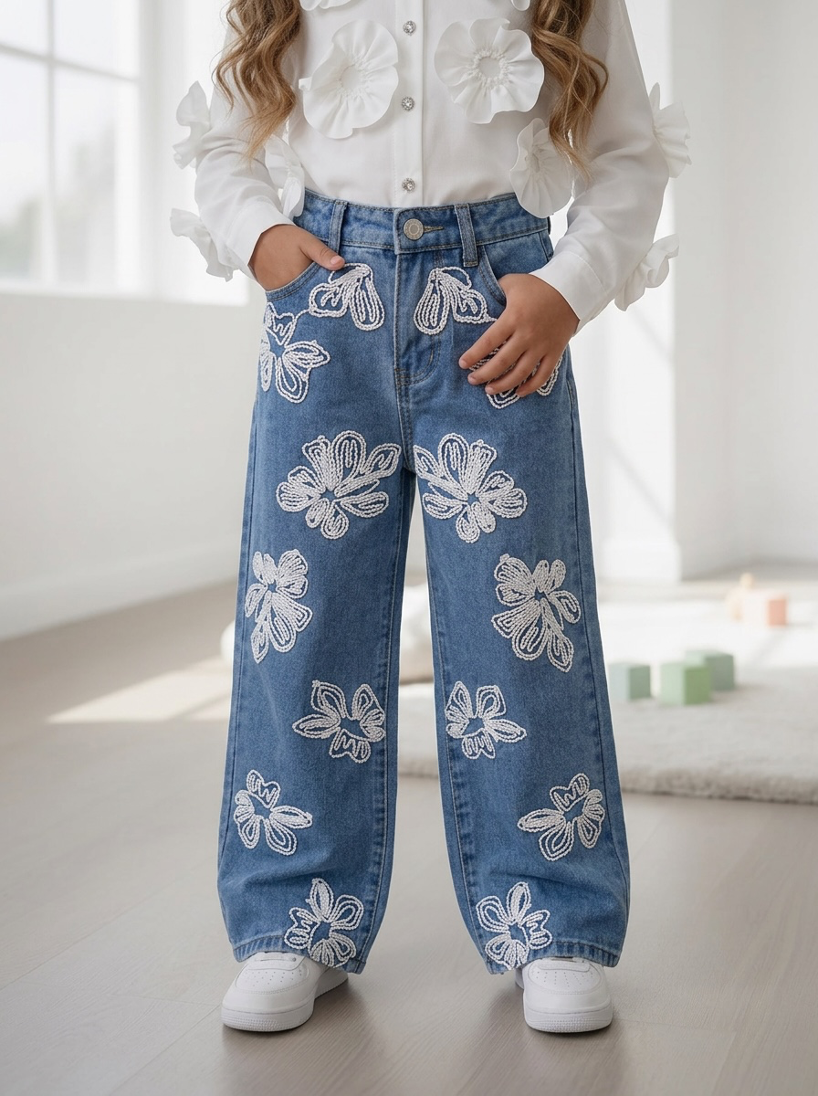 Floral Wide Leg Jeans – Blue