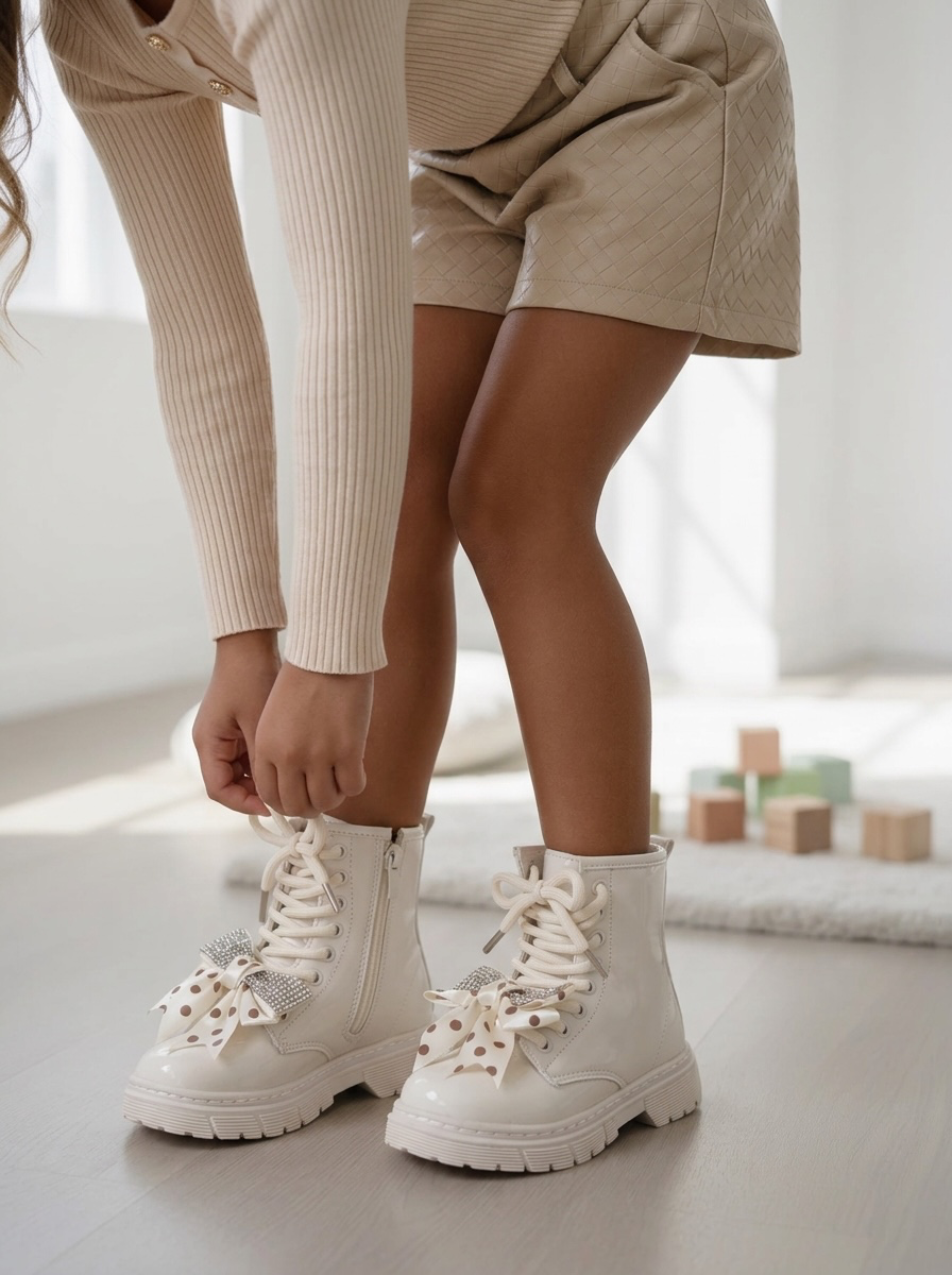 Sparkle Bow Boots – Beige