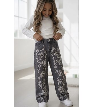 Floral Embroidery Wide Leg Jeans – Grijs
