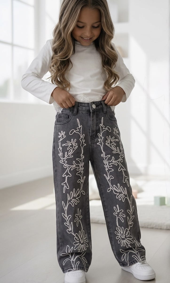 Floral Embroidery Wide Leg Jeans – Grijs