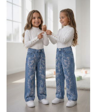 Floral Embroidery Wide Leg Jeans – Blauw