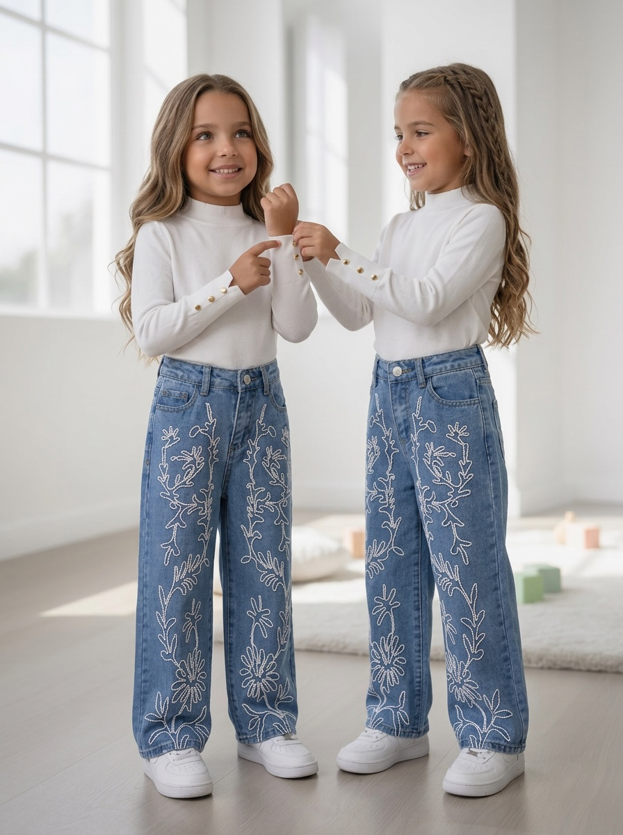 Floral Embroidery Wide Leg Jeans – Blauw