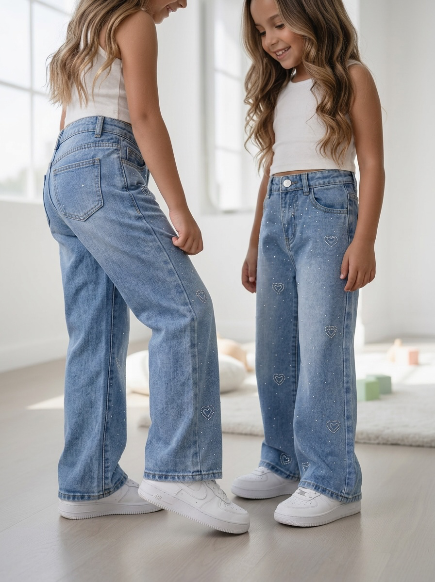 Sparkle Heart Wide Leg Jeans – Blauw