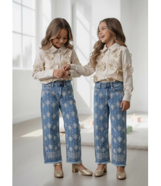 Floral Embroidery Wide Leg Jeans – Blauw