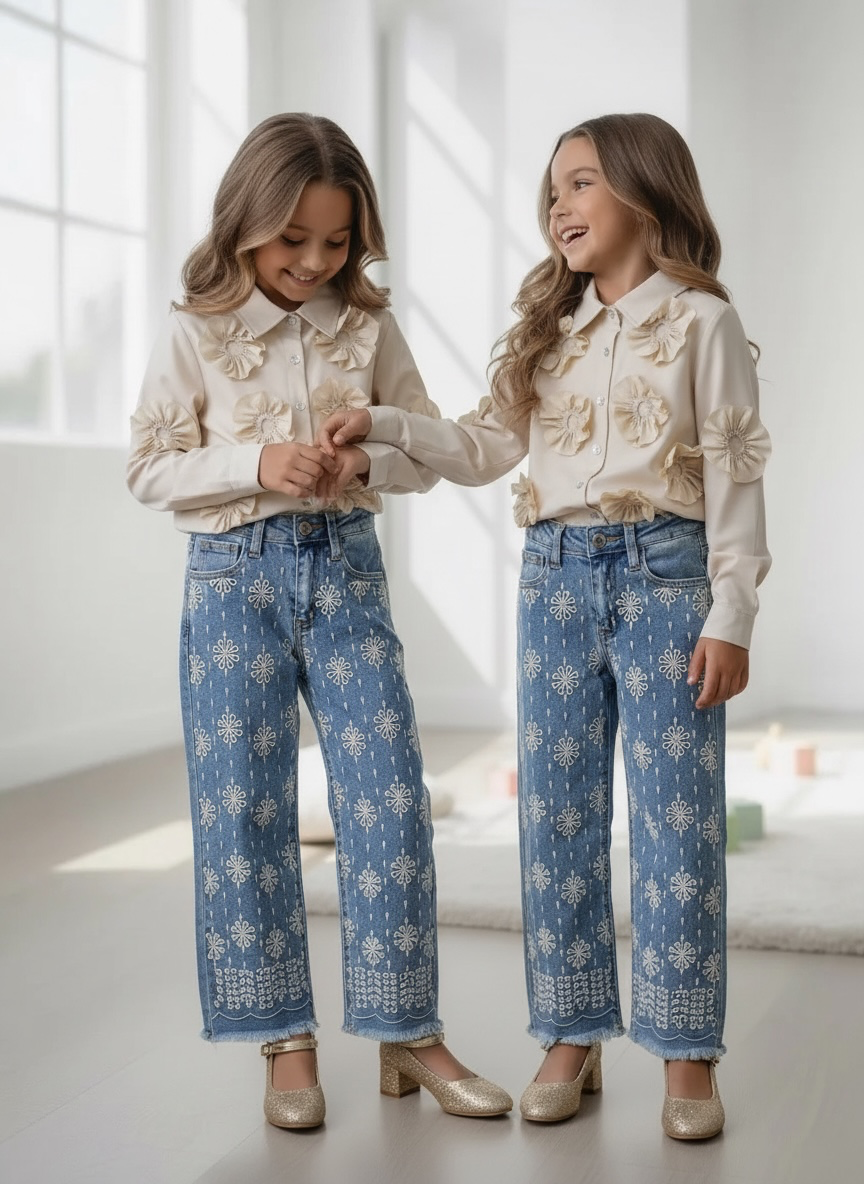 Floral Embroidery Wide Leg Jeans – Blauw (Verzenddatum 27 aug)