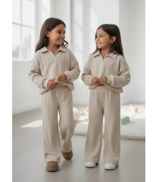 Cable Polo Wide Leg Set – Beige
