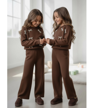 Pearl Bow Wide Leg Set – Marron