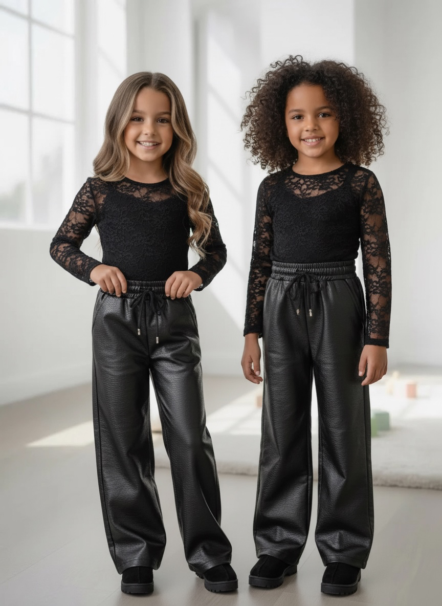 Leatherlook Wide Leg Broek – Zwart