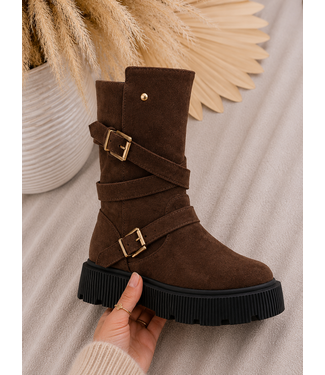 Suede Buckle Boots – Marron