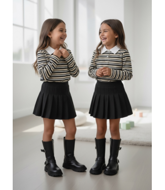 Stripe Polo Skirt Set – Beige/Zwart