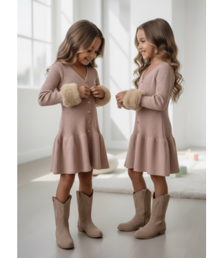 Fur Cuff Button Dress – Beige