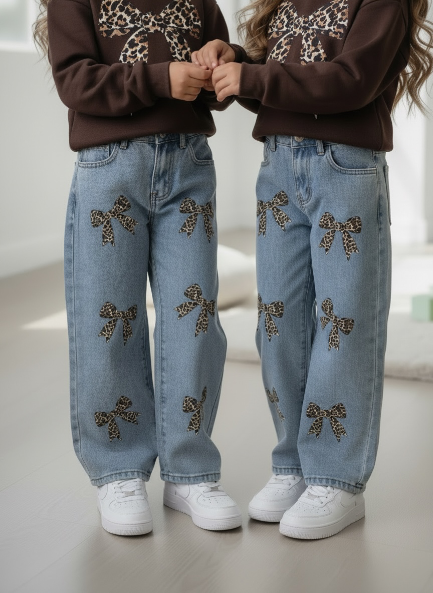 Leopard Bow Wide Leg Jeans