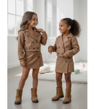 Suede Look Blazer & Skort Set – Camel
