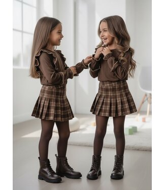 Ruffle Blouse & Check Skirt Set – Marron