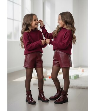 Ruffle Knit & Leatherlook Short Set – Bordeaux