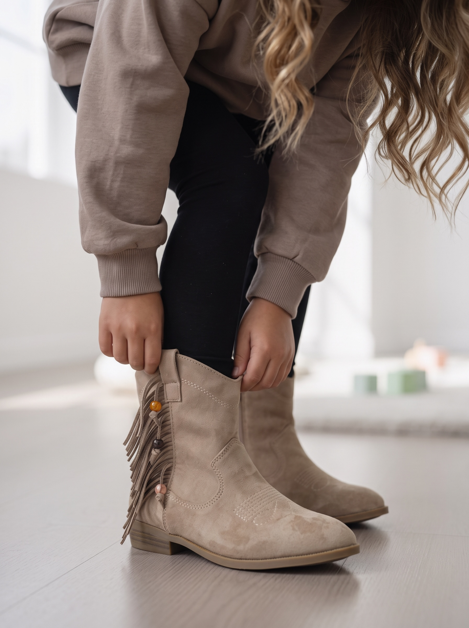 Fringe Suede Cowboy Boots - Beige