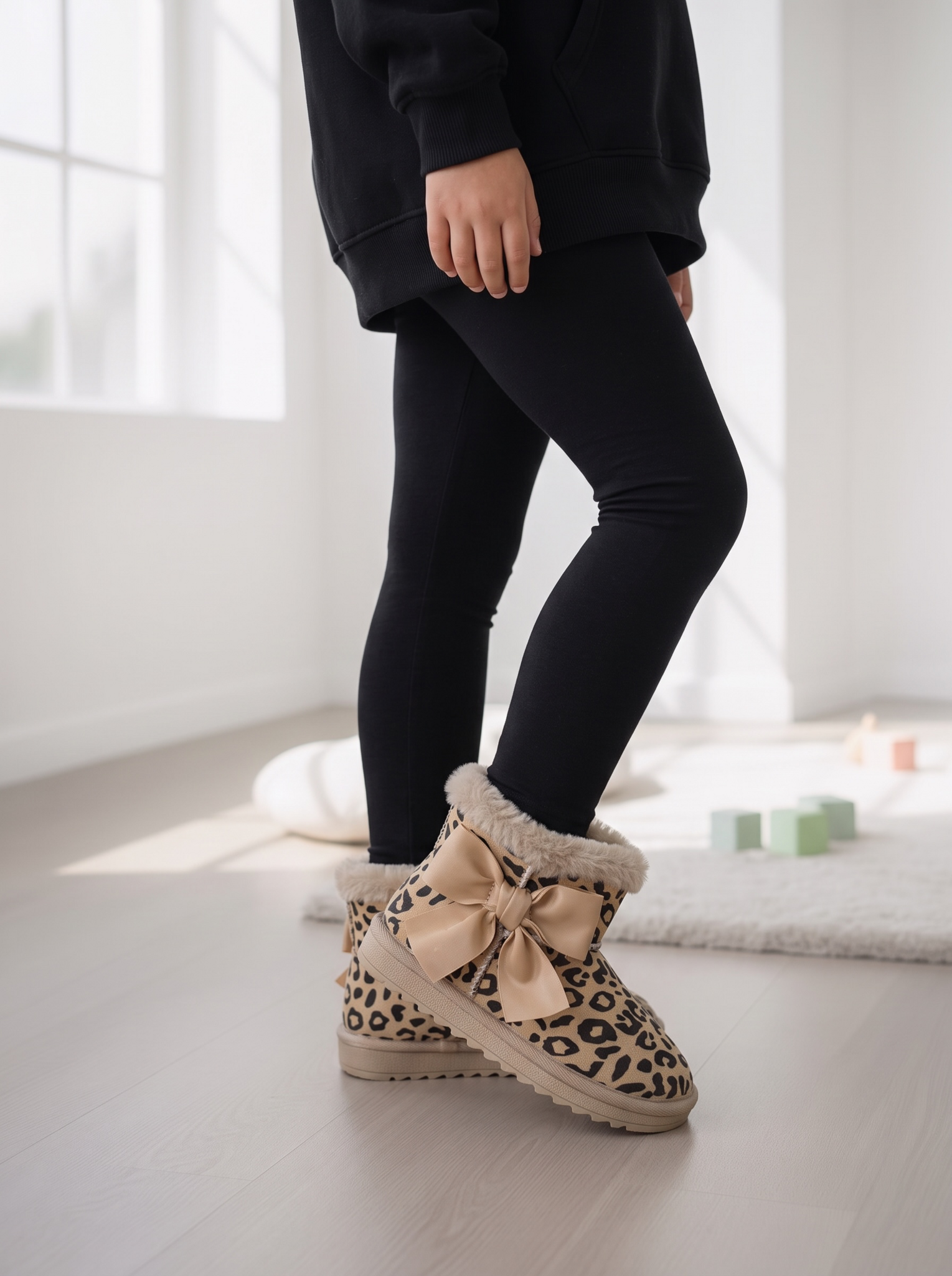 Furry Leopard Boots - Beige